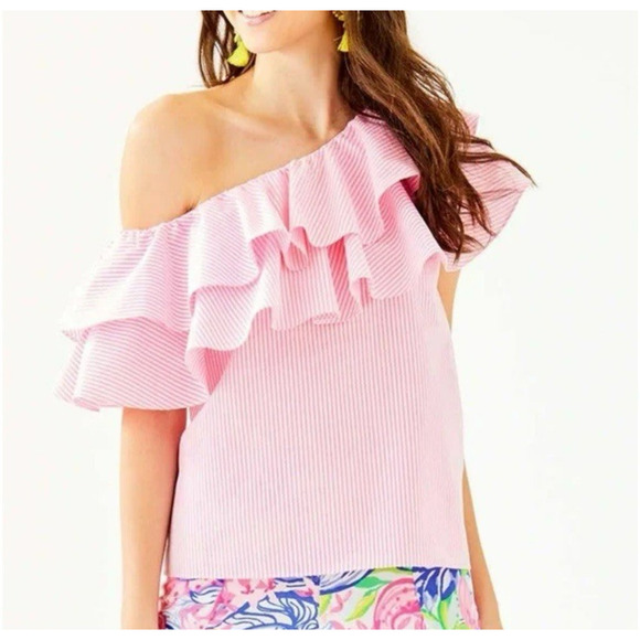 Lilly Pulitzer Tops - Lilly Pulitzer Seersucker Trixie One Shoulder Ruffle Top XS Pink & White Stripe